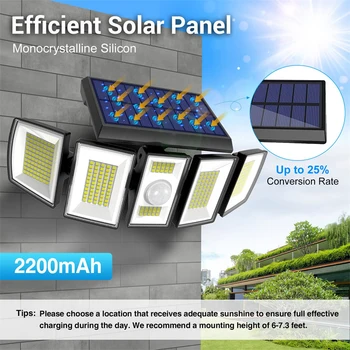 Süper parlak güneş enerjili hareket sensörü sensör ışıkları Açık 5 Kafaları 300 LED güneş Sokak Lambası Su Geçirmez 360 ° Ayarlanabilir Geniş Açı Güneş