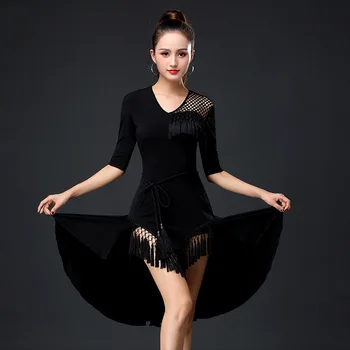 Sıcak Siyah Dantel Örgü Latin Dans Elbise Orta kollu Latin Dans Püskül Elbise Kadınlar İçin Kadın Balo Salonu Tango Cha Cha Rumba Kostümleri