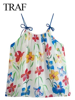 TRAF Şifon Sevimli Sling Yay Üst Çiçek Rahat Gevşek Kolsuz Parlak Çift Katmanlı Tatlı Kız Tarzı Kadın Yaz Sokak Giyim