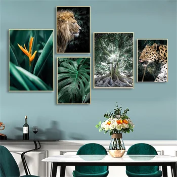 Tropikal Yağmur Ormanları Bitkiler Manzara Duvar Ressamlar Hayvanlar Posteri Aslan Leopar Boyama Monstera Yaprak Resim Ev Dekor İçin
