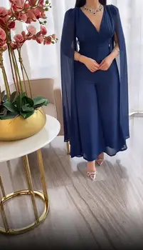 Verngo Lacivert Şifon Kadın Balo Tulum Pantolon Pelerin Kollu V Boyun Ayak Bileği Uzunluğu Arapça Kadınlar Örgün Parti Kıyafet Custom Made