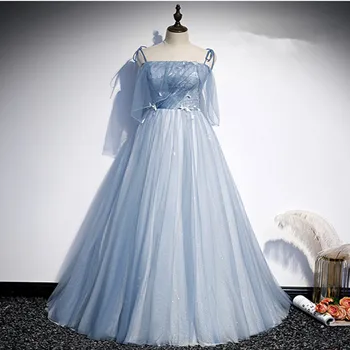 Vestido De Festa Tekne Boyun A-Line Abiye Robe De Soiree Yeni moda ışık Mavi Abiye Uzun Elbise Resmi elbise