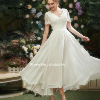 Vestidos De Novia 2023 Basit Şifon düğün elbisesi Kadınlar için V Yaka Kısa Kollu Dantel Aplikler Princesa gelin kıyafeti Robe Mariée