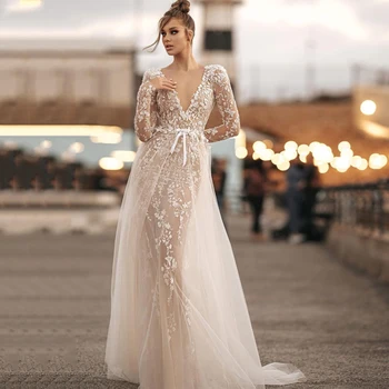 Vintage düğün elbisesi Tül Yay Ayrılabilir Tren Zarif Aplikler Backless Prenses Glitter Vestido De Novia Kadınlar İçin