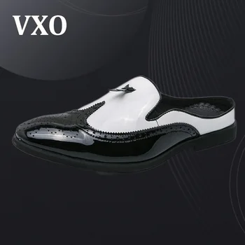 VXO İngiliz Oyma Terlik Erkek Saç Stilisti Tembel sürüş ayakkabısı Erkekler Moccasins deri ayakkabı Yarım Sürükle Loafer'lar Deri Terlik