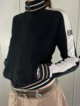 WeıYao Balıkçı Yaka Kontrast Şerit Amerikan Tiki Tarzı Ceketler Kadın Retro Streetwear Fermuar Uzun Kollu Casual Temel Coats