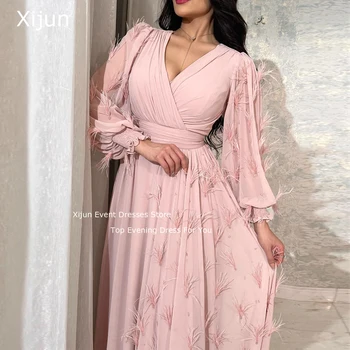 Xijun Tüy Akşam Elbise Lüks Balo Abiye Zarif Parti Elbiseler Suudi Arabric Kadınlar İçin Pembe V Yaka Kadın Elbise Resmi 2022
