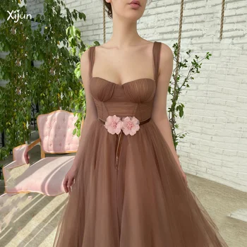 Xıjun Zarif Bir Çizgi Balo Elbise Spagetti Askı Sheer Sevgiliye Çay Boyu 3D Çiçek Aplike Abiye Vestidos De Gala