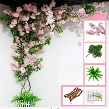 Yapay Kiraz Çiçeği Sakura Ağacı Kök Sahte Kiraz Çiçeği Çiçek Kurutulmuş Dalları Rattan Setleri ev duvar dekorasyonu
