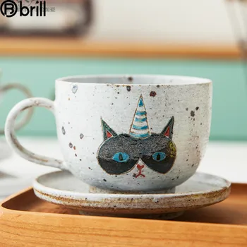 Yaratıcı El Boyalı Seramik Kedi Kahve Fincanı Japon Çömlek espresso bardakları Porselen Fincan Çay Fincanı ve altlık seti Vintage Tazas
