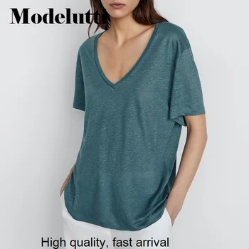 Yeni Bahar 2023 Yaz Moda Kısa Kollu V Yaka Temel Düz Renk T-shirt Kadın Gevşek Basit Casual Tops Kadın