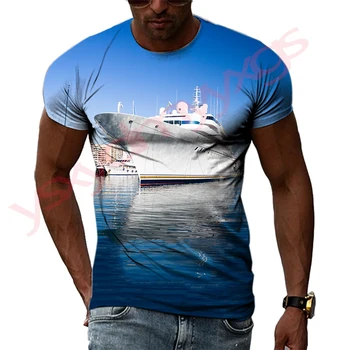 Yeni Eğlence Yaz Jumbo Cruise Gemi Manzara Desen Erkek T-Shirt 3D Baskı Hip Hop Tees Kişilik Yuvarlak Boyun Kısa Kollu Üstleri