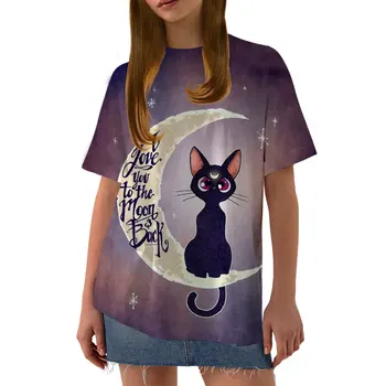 Yeni kadın baskılı desen kadın moda T-shirt kedi aşk trendi yeni kadın karikatür kawaii kısa kollu üst