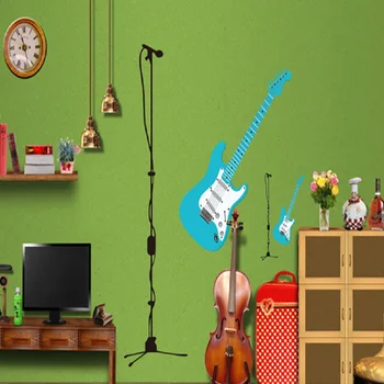 Yeni Karikatür Gitar Mikrofon Oturma Odası Yatak Odası Ev dekorasyon için duvar çıkartması duvar sopa duvar