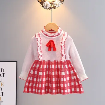 Yeni Noel Bebek Kız Örme Elbise Fırfır Kazak Toddler Kız Sıcak Giysiler Bebek Kız kıyafet Kış Sonbahar Dresse2-6y