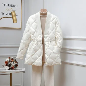 Yeni Stil Elmas pamuklu ceket kadın V Yaka Kore Tarzı Bel Zayıflama Bayanlar Uzun kollu Sonbahar ve Kış Ceket Trendi