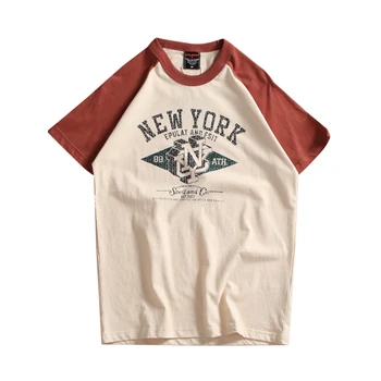 Yeni Yaratıcı Raglan Kollu Amerikan Retro Gelgit Marka Kontrast Renk Dikiş Kısa kollu Baskı Yıkanmış Fırçalanmış T-shirt Erkekler