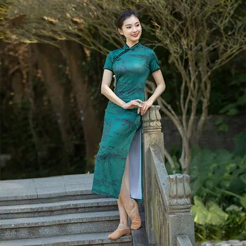 Yeşil Elbise Yarık Bacak Kadınlar için Uzun Kollu Çin Ulusal Etnik Giyim Hafif Cheongsam Pantolon Klasik Dans