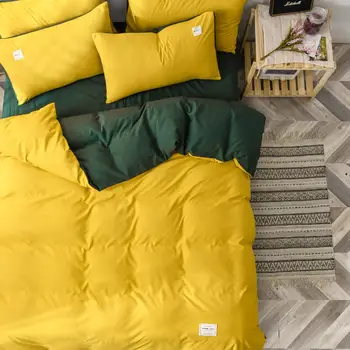 Yeşil ve Sarı yatak takımı Tek yatak çarşafı Setleri Düz Renk Nevresim Yastık Kılıfı Kraliçe Yatak Takımları Kral Yatak