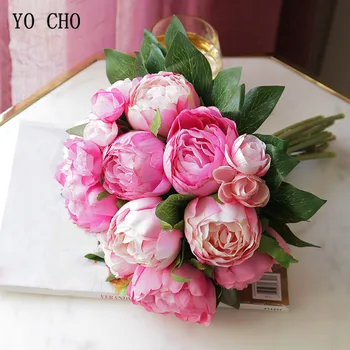 YO CHO 10 Kafaları Yapay İpek Çiçekler Pembe Avrupa Çay Gül Şakayık Buket Düğün Ev Dekor Gelin Tutan Ucuz Sahte Çiçekler