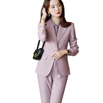 Yüksek Kaliteli Yumuşak Kadın Resmi takım elbise 2 Parça Set Haki Mor Mavi Ofis Bayanlar Kadın İş Blazer Ve Pantolon