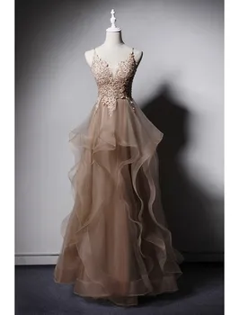 Zarif A-Line Balo Elbise Kadınlar için 2022 Kat Uzunluk Kolsuz Spagetti Kayışı Dantel Ruffles Aplikler Örgün gece elbisesi