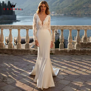 Zarif düğün elbisesi Uzun Kollu V Yaka Mermaid Aplikler Dantel gelin kıyafeti Backless vestido de novia 2023 Custom Made RG17