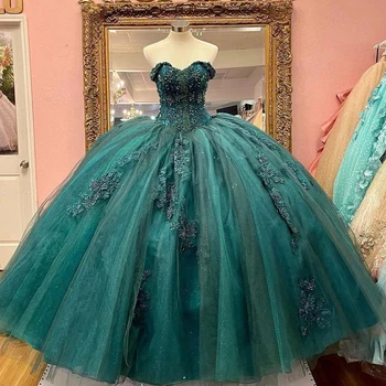Zümrüt Yeşil Hunter Dantel Quinceanera elbise Balo Brithday Parti Balo Boncuk Tül Prenses Artı Boyutu Coset Kadınlar Kız