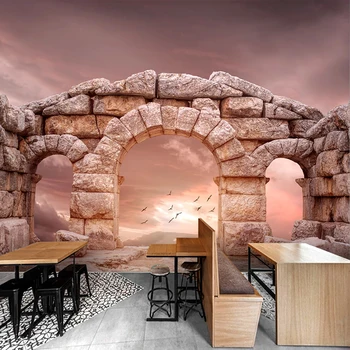 Özel Fotoğraf Duvar Kağıdı 3D Stereo Yaratıcı Taş Kemerler Bulutlar sanatsal fresk Oturma Odası Restoran Cafe Arka Plan Duvar 3D Çıkartmalar