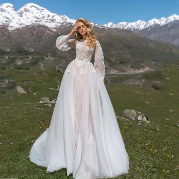 Özelleştirmek düğün elbisesi Kadın O-Boyun Uzun Puf Kollu Çiçek Dantel Aplikler gelinlikler A-Line Tül Ülke Vestido de Novia