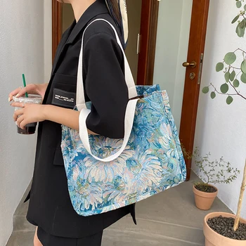 Özelleştirmek Yağlıboya Büyük kapasiteli Bayan Tasarımcı Tote Çanta Keten Kullanımlık alışveriş çantası Bakkaliye için omuz çantaları Bayan için