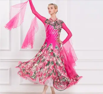özelleştirmek zarif pembe çiçek Puf kollu eldiven Tilki tırıs Waltz tango taklidi standart balo salonu dans elbise